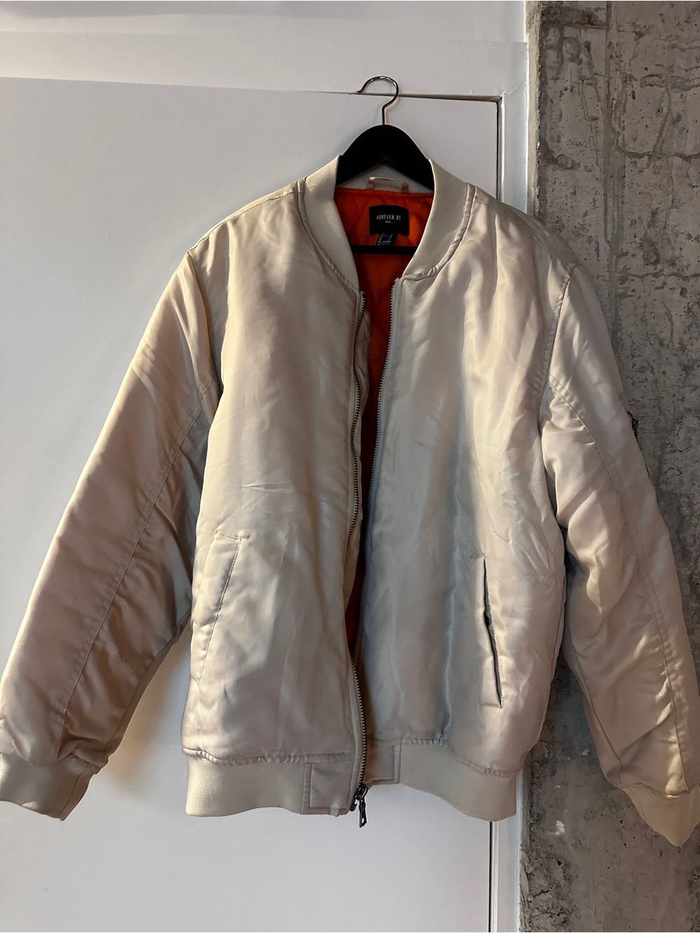 Forever 21 Men's Light Beige Bomber Jacket with Orange Lining